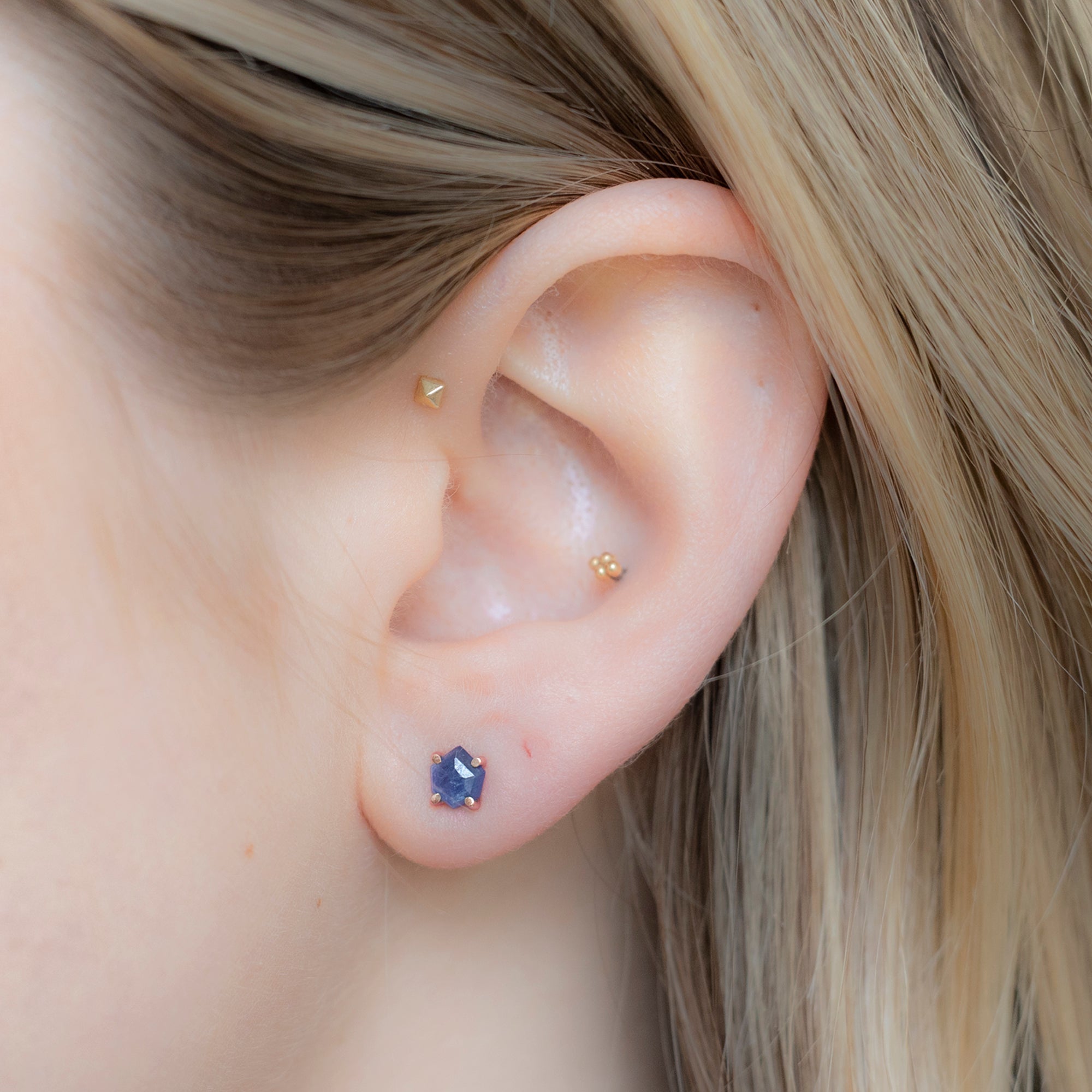 Alexis Russell Earrings The Hexagon Blue Sapphire Stud Earrings | Rose Gold