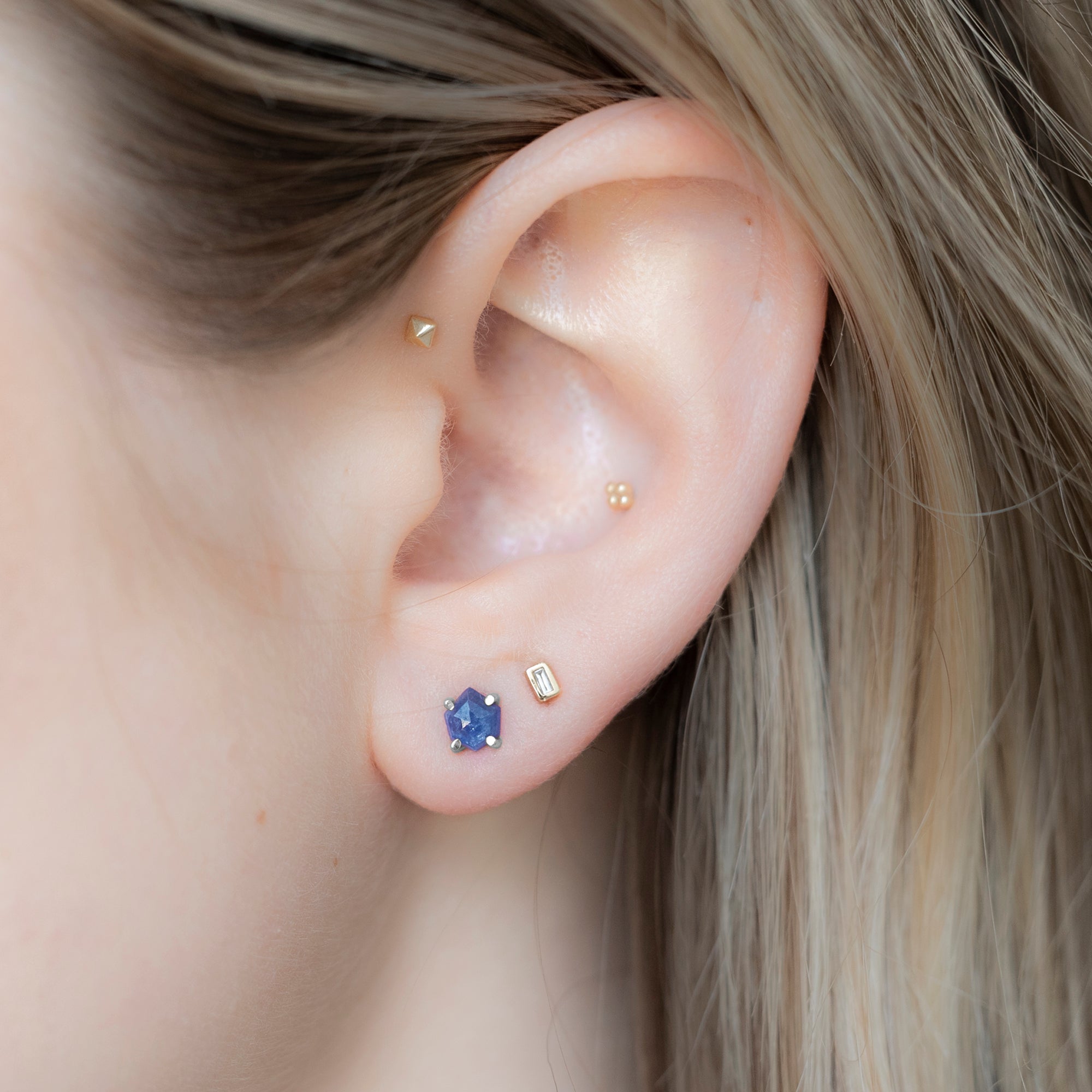 Alexis Russell Earrings The Hexagon Blue Sapphire Stud Earrings | Yellow, Rose or White Gold