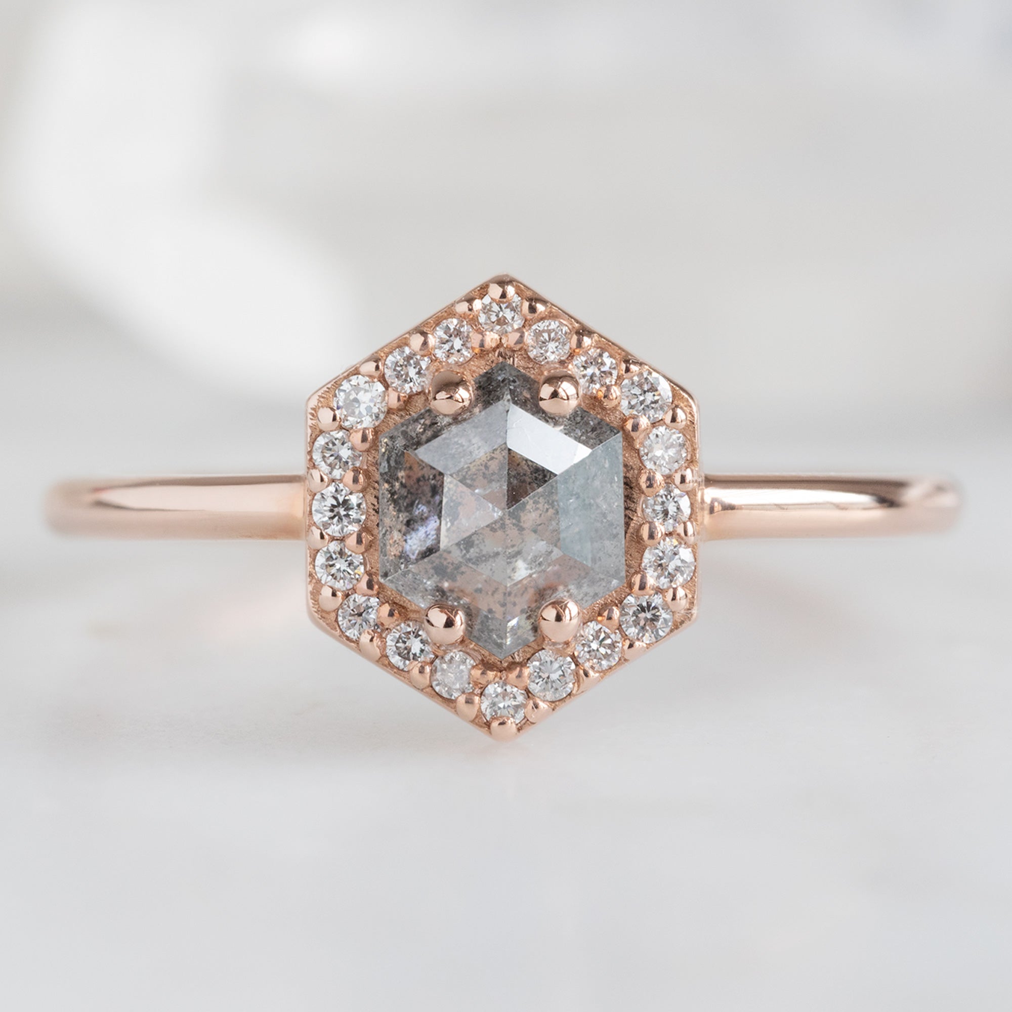 Alexis Russell Engagement Rings The Dahlia Ring | 0.89ct Hexagon Salt and Pepper Diamond in 14K Rose Gold