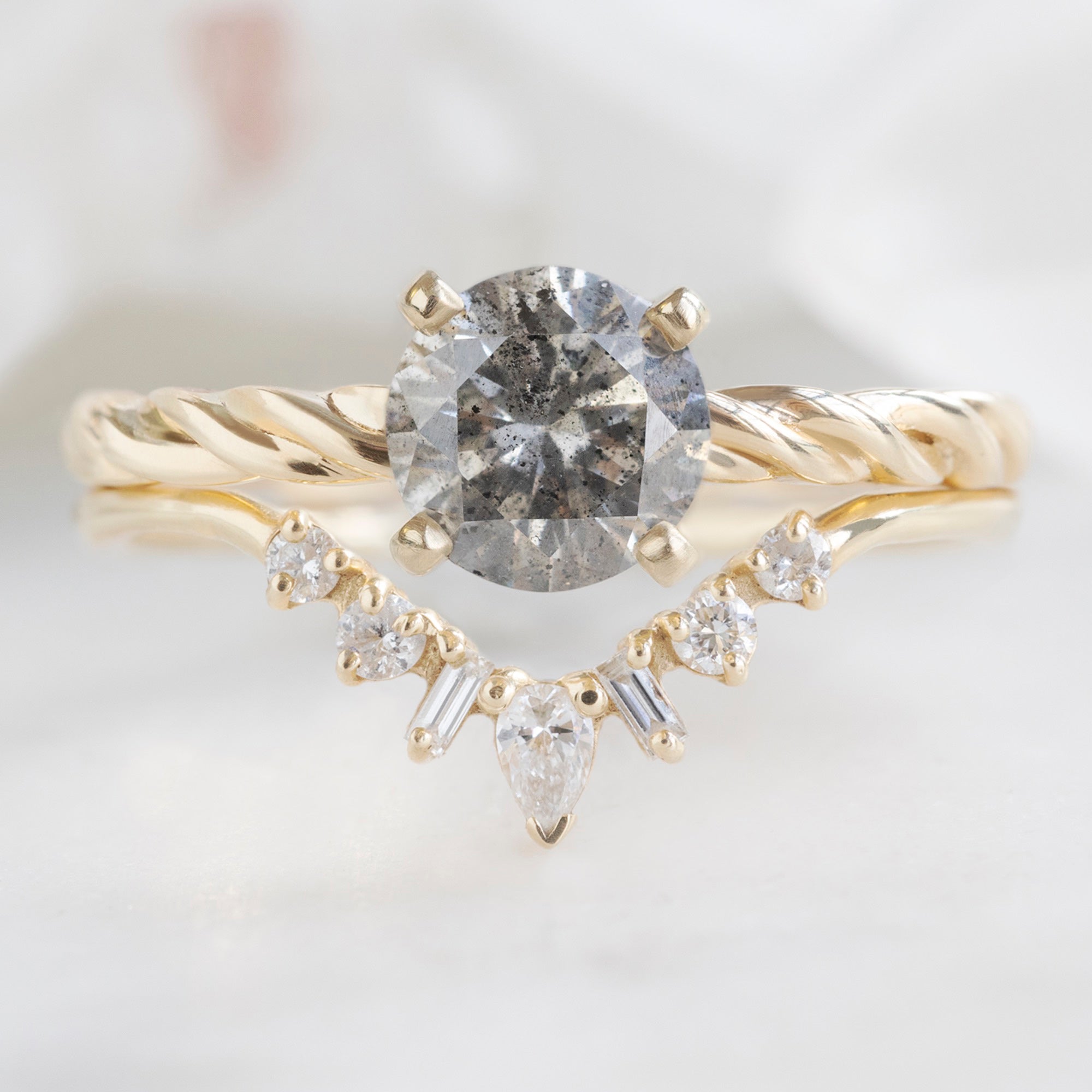buy:the-braided-ring-1-06ct-round-salt-and-pepper-diamond-in-14k-yellow-gold,geometric-white-diamond-sunburst-stacking-band-14k-or-18k-yellow-gold