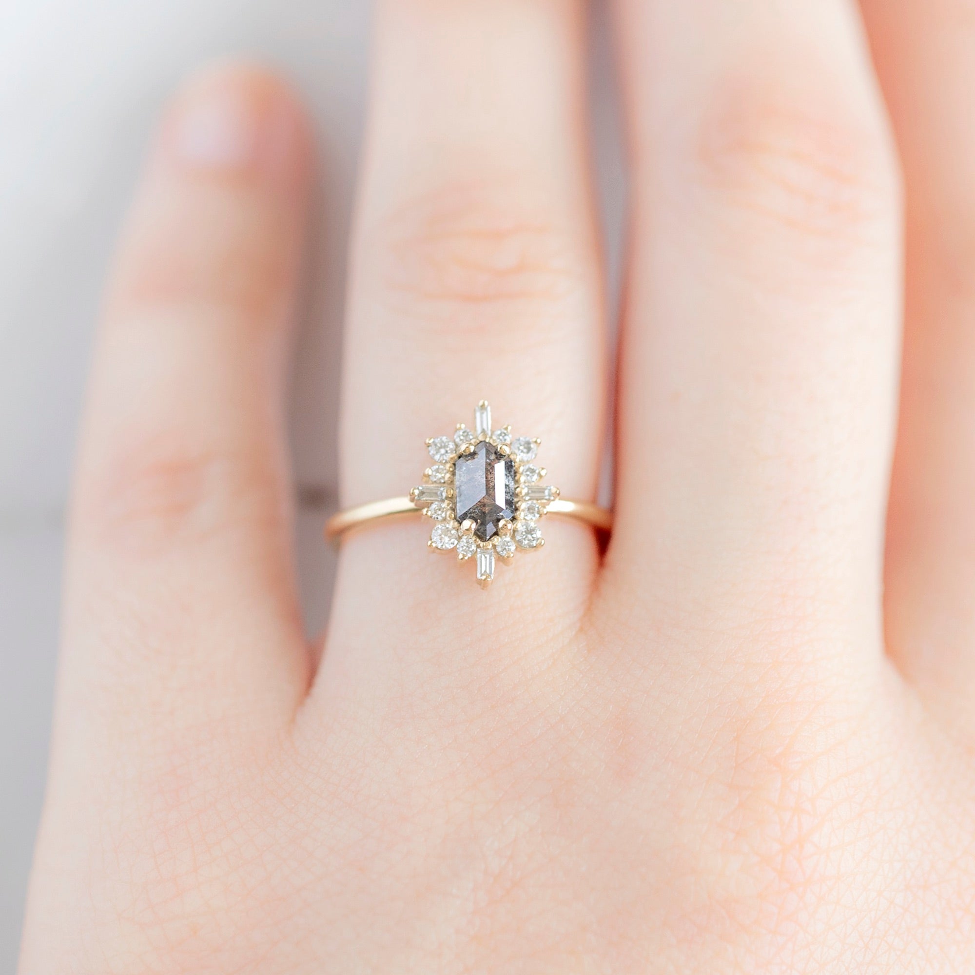 Alexis Russell Engagement Rings The Compass Ring | 0.62ct Hexagon Salt and Pepper Diamond in 14K Yellow Gold