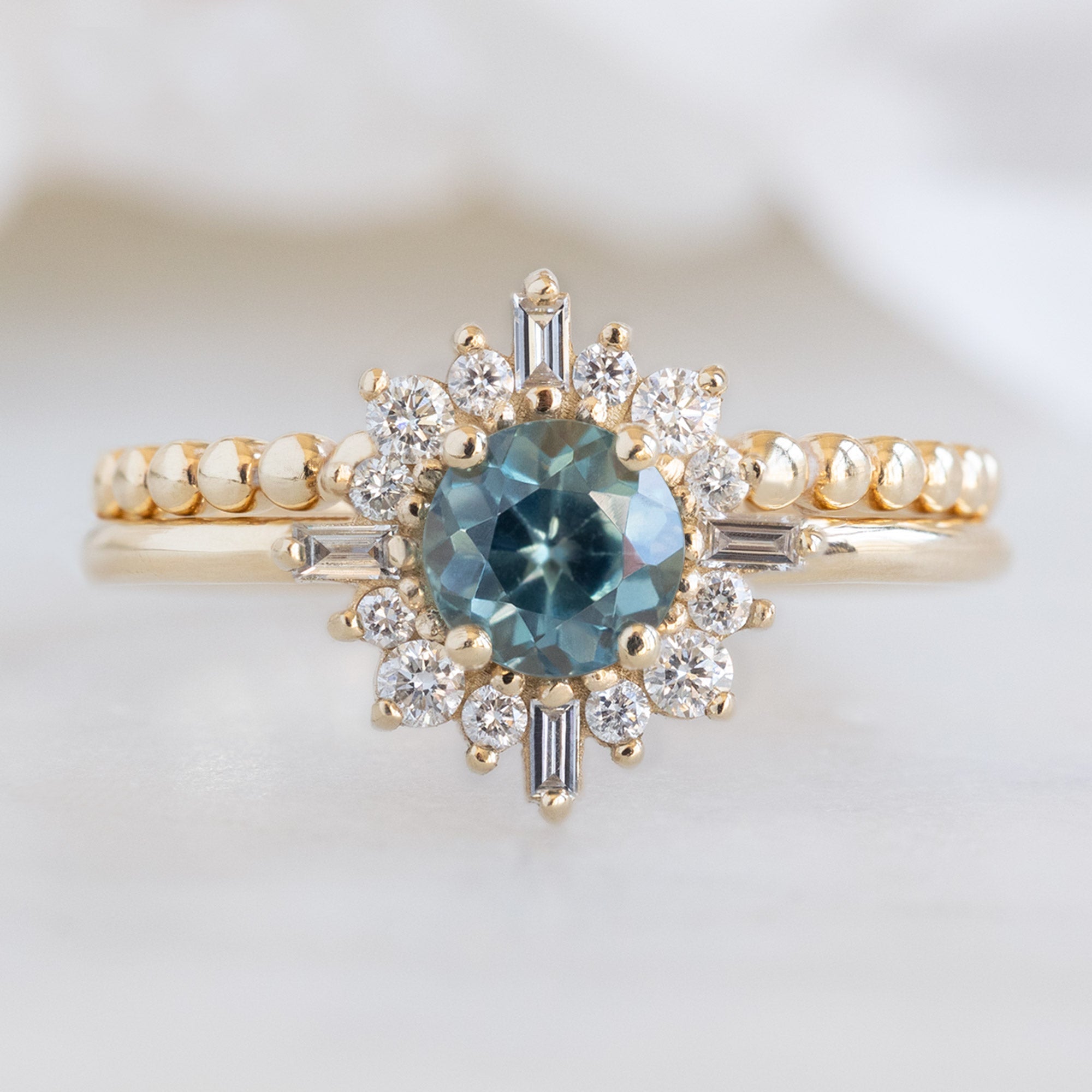 Alexis Russell Engagement Rings The Compass Ring | 0.81ct Round Blue Sapphire in 14K Yellow Gold