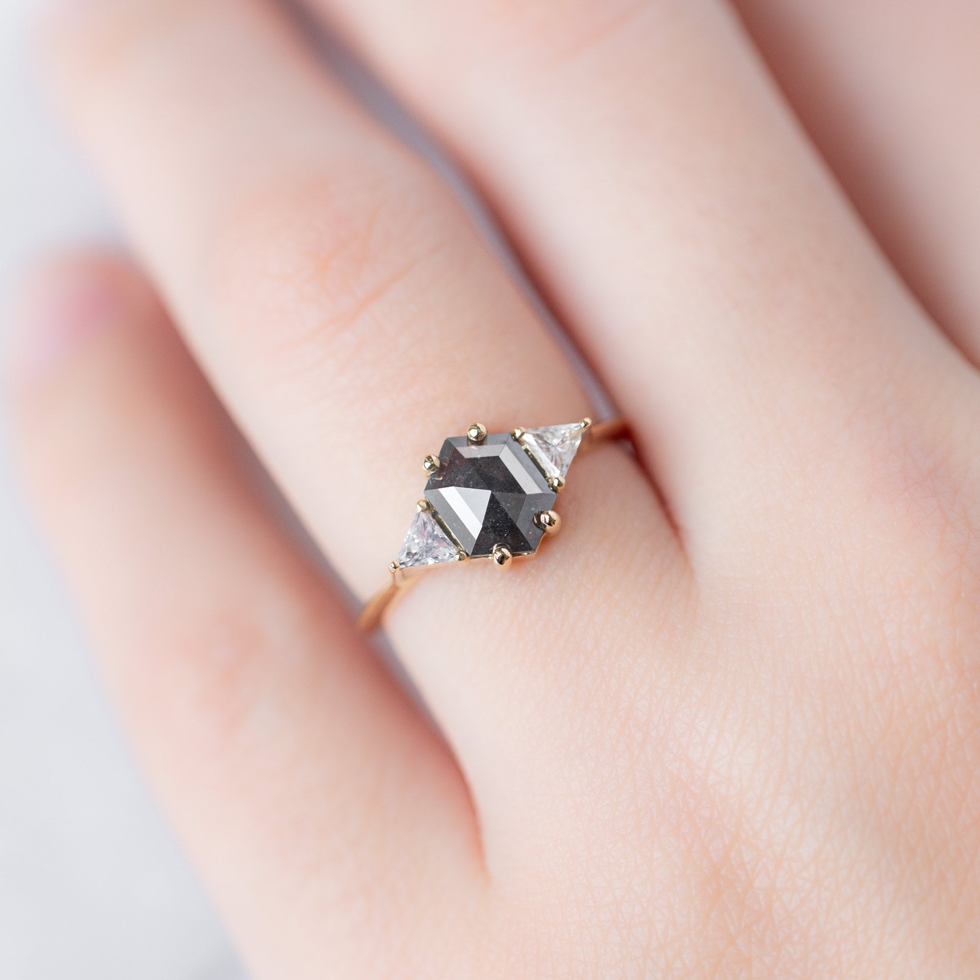 The Jade Ring with a 0.91ct Hexagonal Grey Diamond in 14K Yellow Gold on Model