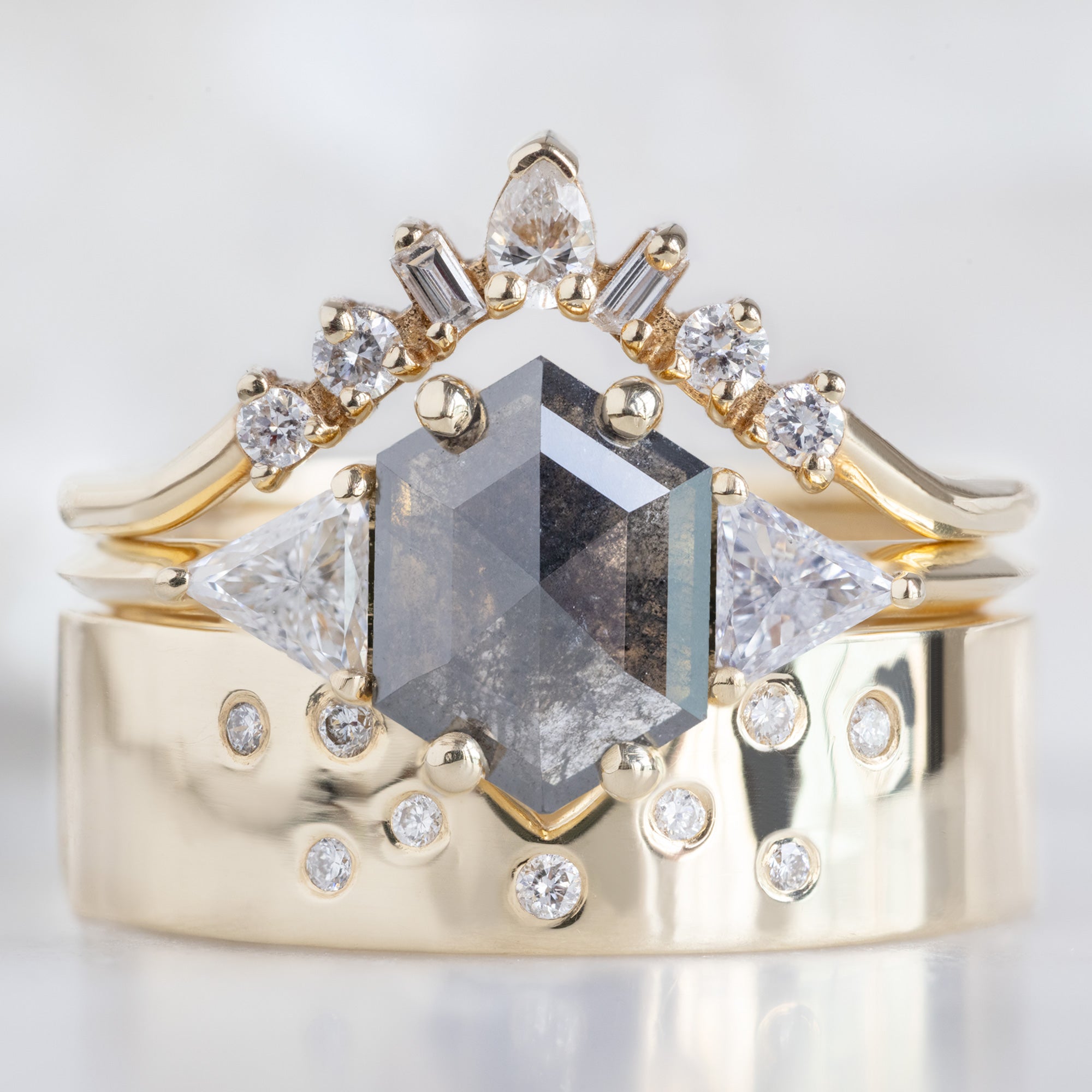 buy:white-diamond-tiara-stacking-band-14k-or-18k-yellow-gold,the-jade-ring-0-91ct-hexagonal-grey-diamond-in-14k-yellow-gold,constellation-cut-out-stacking-band-peak-cut-out-in-14k-white-gold
