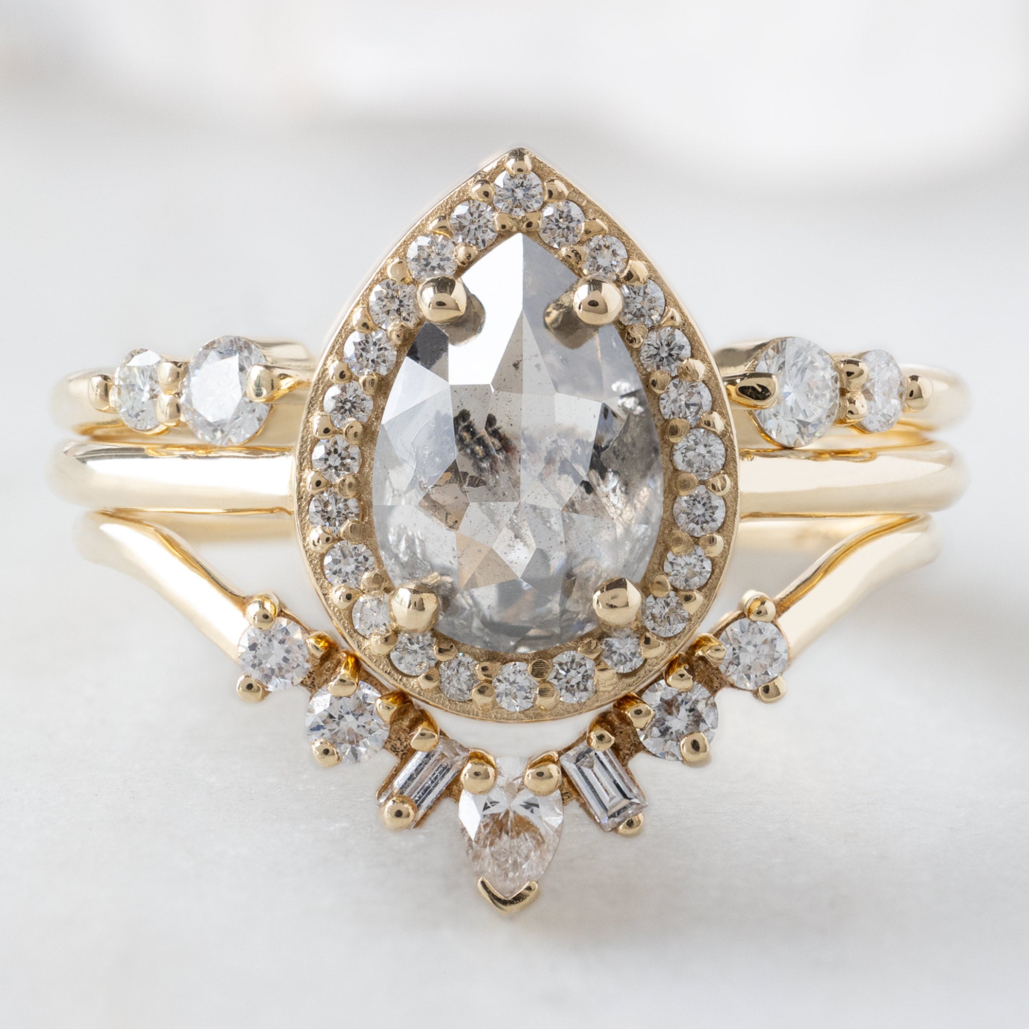 buy:the-luxe-open-cuff-white-round-diamond-stacking-band-yellow-rose-or-white-gold,the-dahlia-ring-1-12ct-pear-salt-and-pepper-diamond-in-14k-yellow-gold,geometric-white-diamond-sunburst-stacking-band-14k-or-18k-yellow-gold