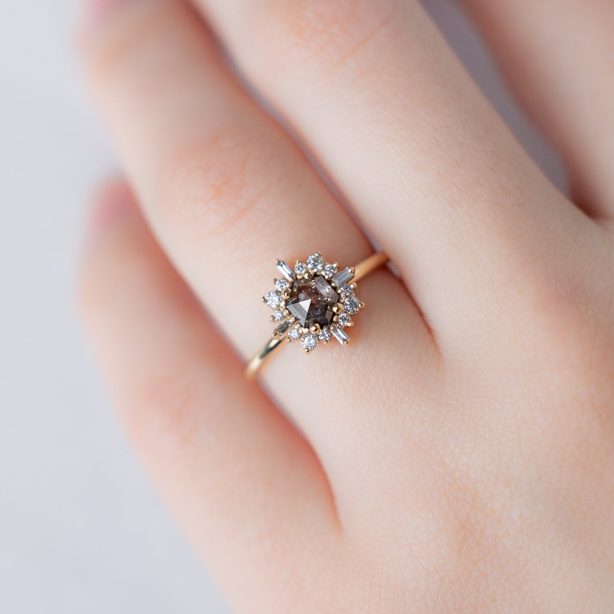 Alexis Russell  Engagement Rings The Compass Ring | 0.65ct Hexagon Salt and Pepper Diamond in 14K Yellow Gold