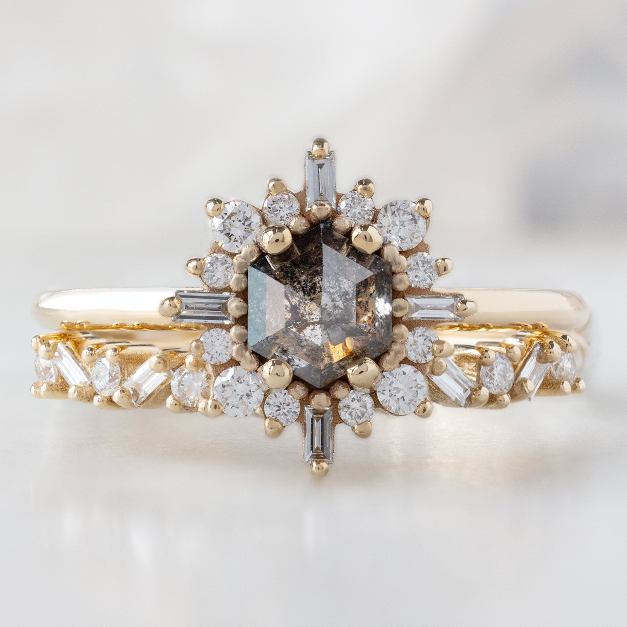 Alexis Russell  Engagement Rings The Compass Ring | 0.65ct Hexagon Salt and Pepper Diamond in 14K Yellow Gold