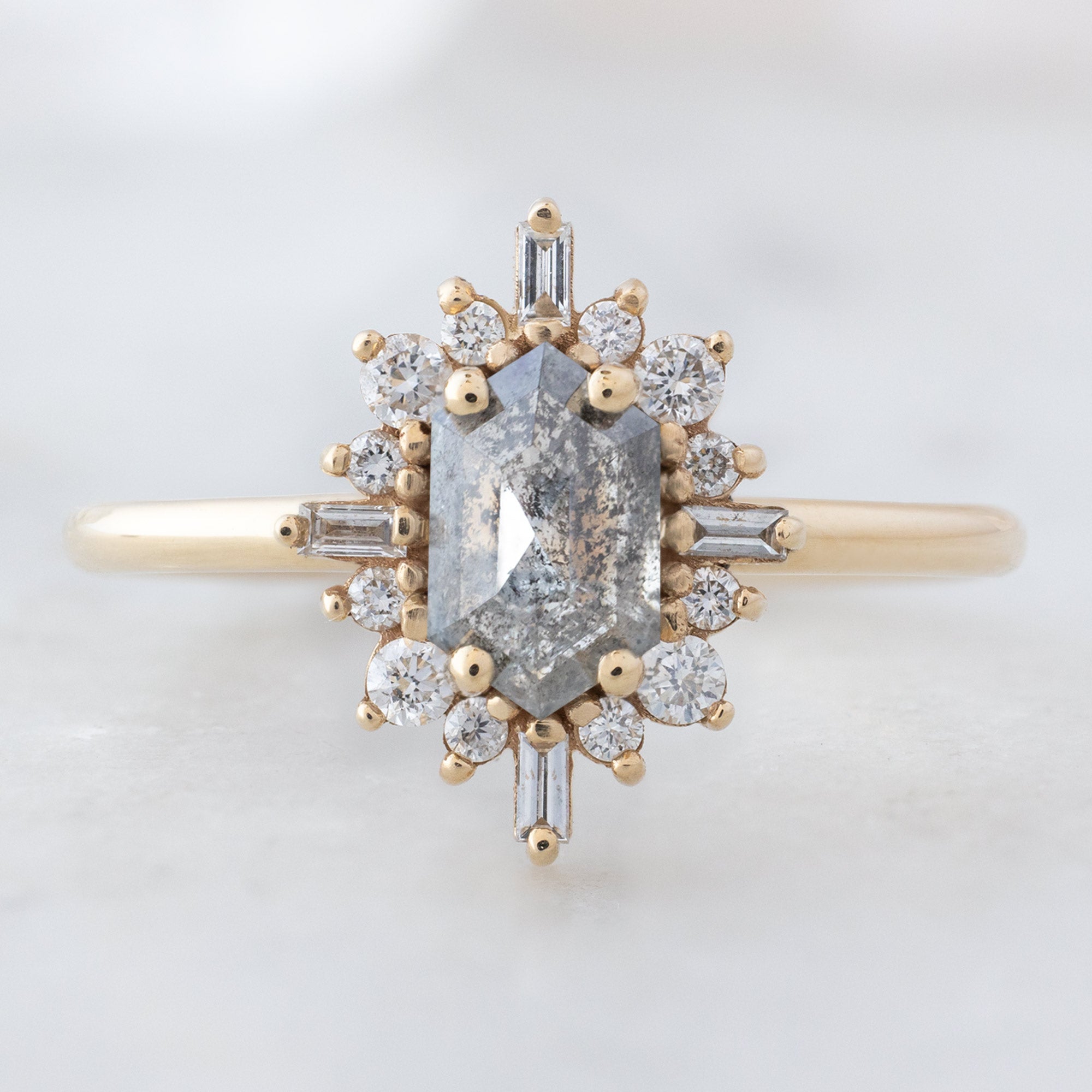 The Compass Ring | Build Your Own Hexagon Salt and Pepper Diamond Engagement Ring