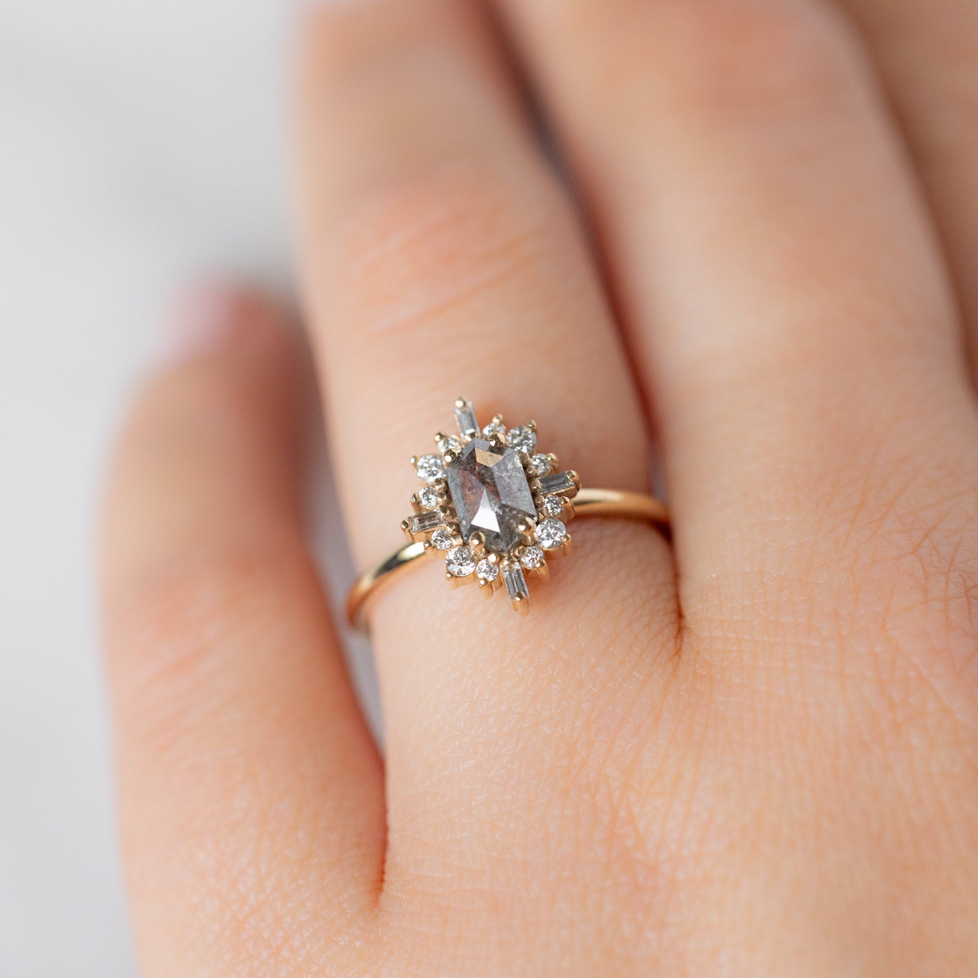 The Compass Ring | Build Your Own Hexagon Salt and Pepper Diamond Engagement Ring