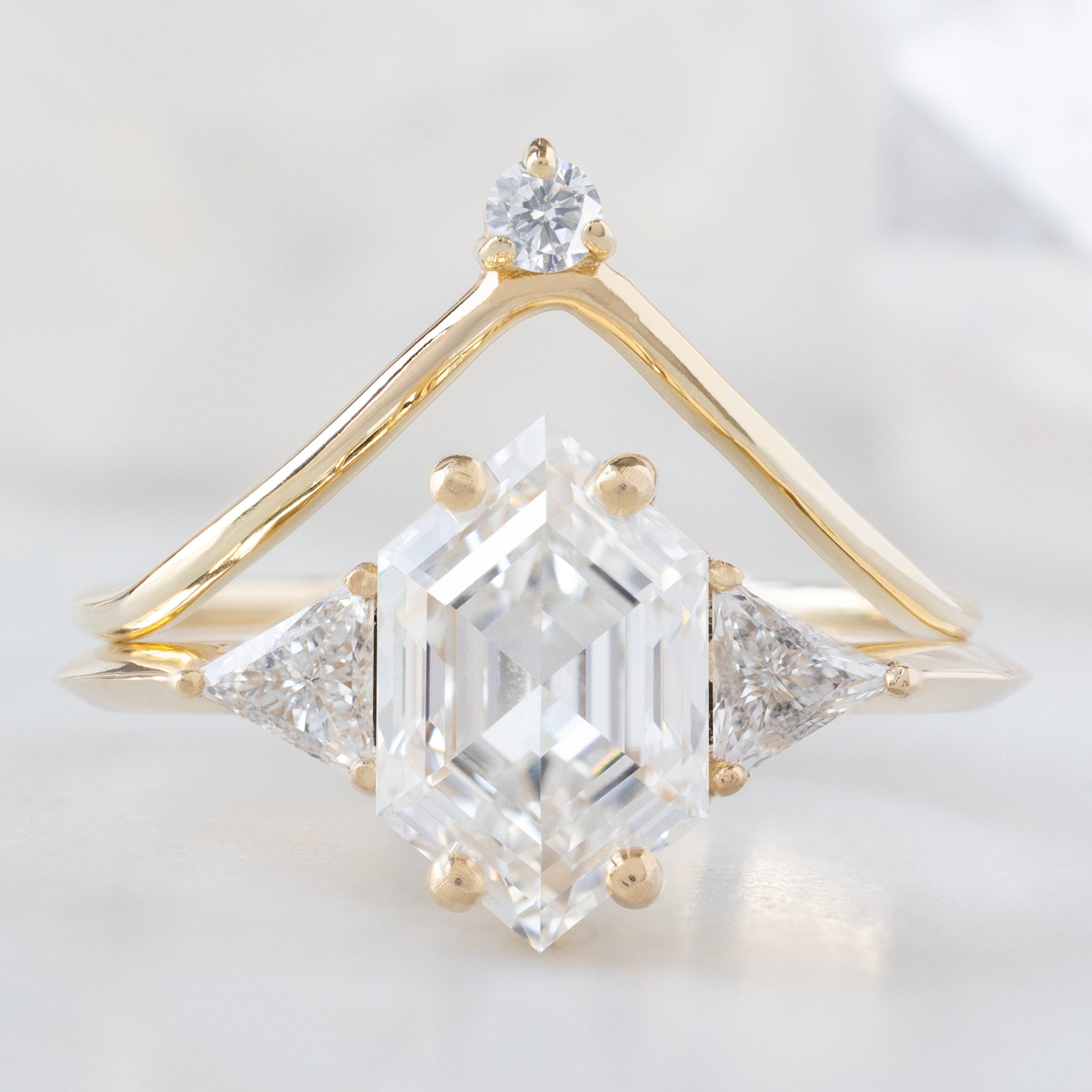 The Jade Ring with a Lab Grown White Hexagon Diamond in 14K Yellow Gold Stacked with White Diamond Crown Stacking Band