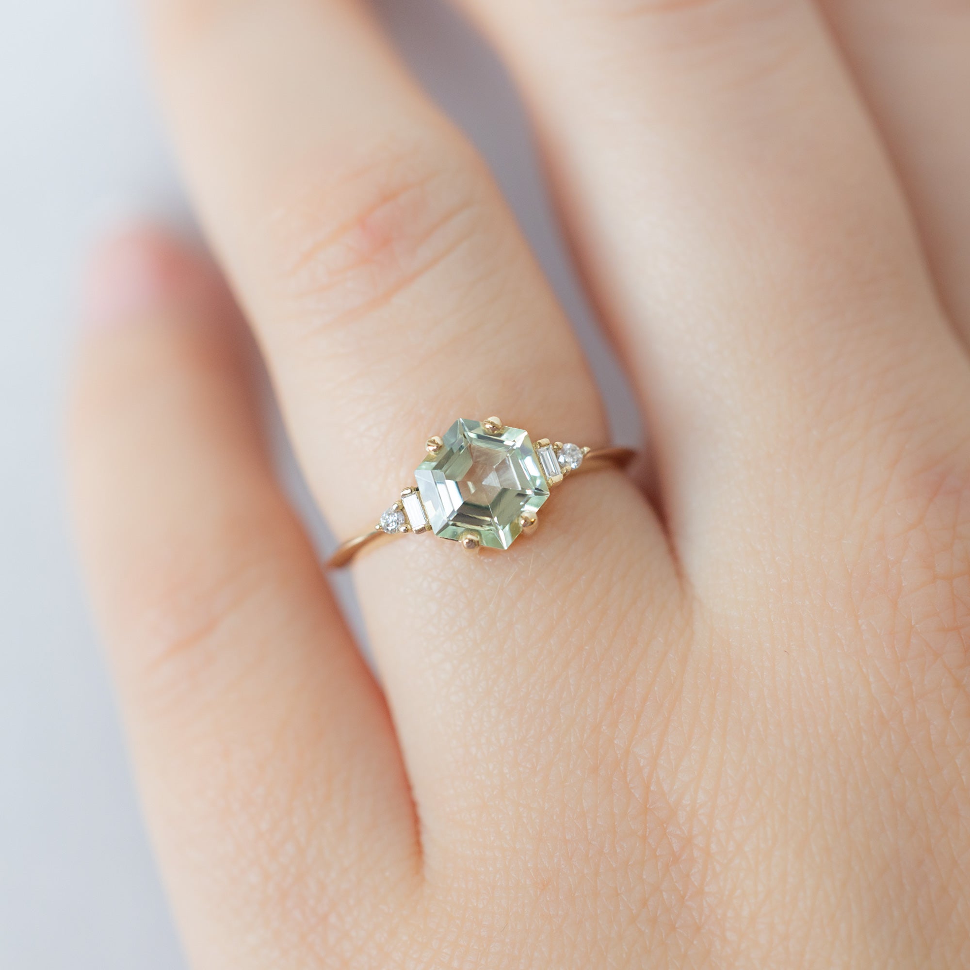 The Primrose Ring with a 1.05ct Hexagon Tourmaline in 14K Yellow Gold on Model
