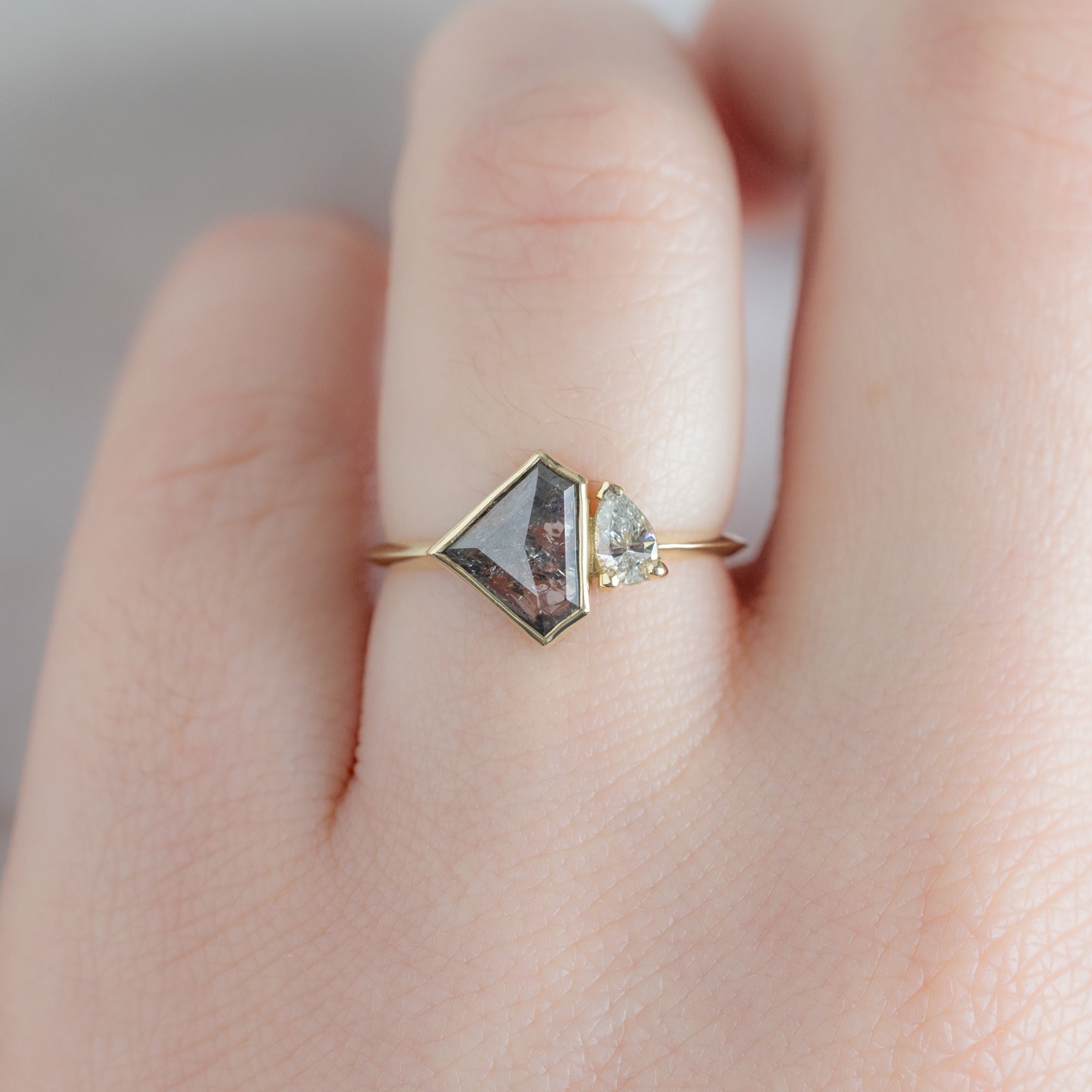 The You and Me Ring with a 1.35ct Shield Salt and Pepper in 14K Yellow Gold on Model