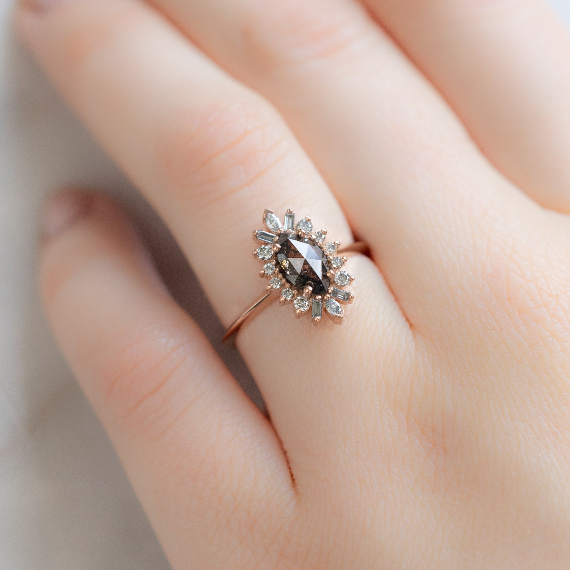 Alexis Russell Engagement Rings The Camellia Ring | 0.85ct Marquise Salt and Pepper Diamond in 14K Rose Gold