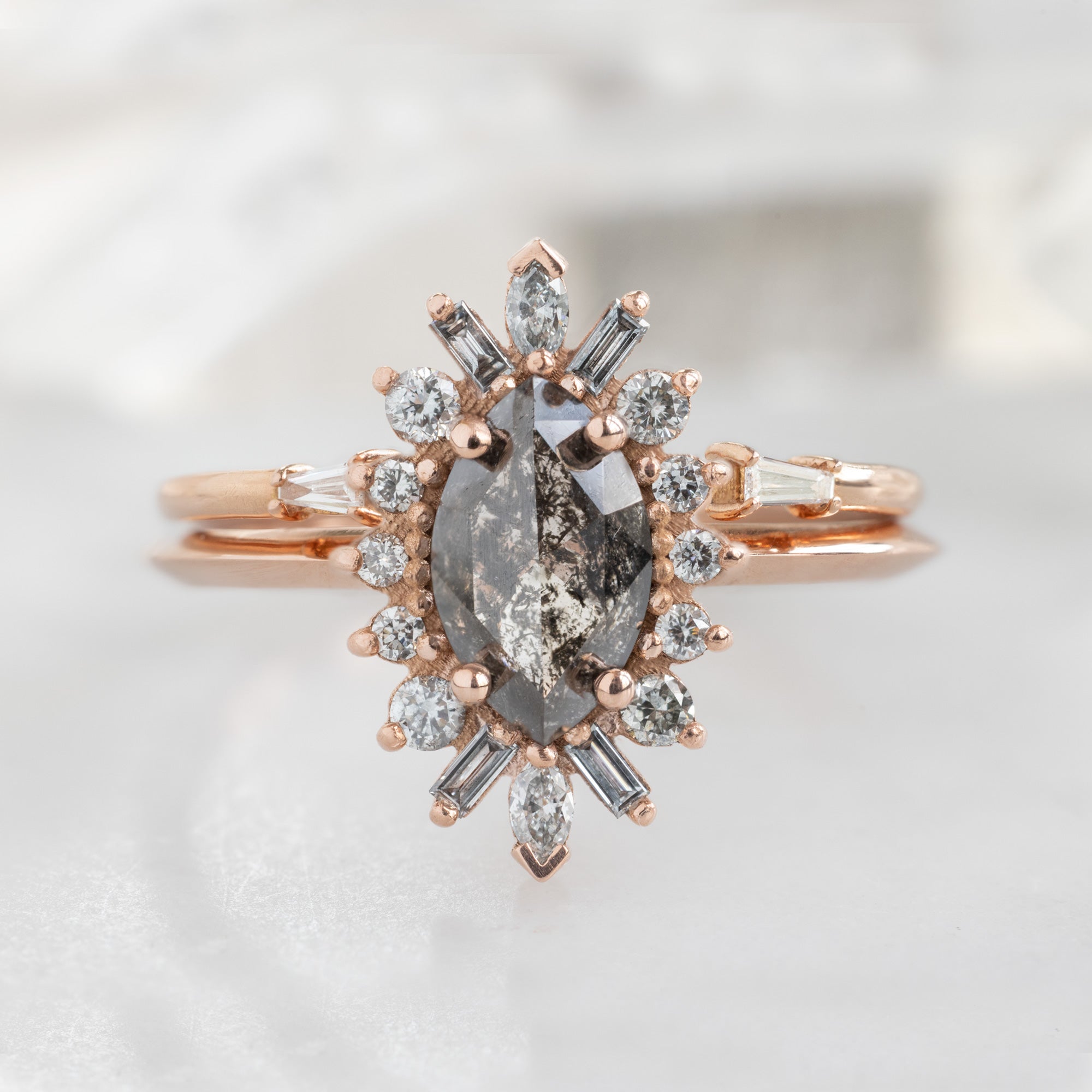 Alexis Russell Engagement Rings The Camellia Ring | 0.85ct Marquise Salt and Pepper Diamond in 14K Rose Gold