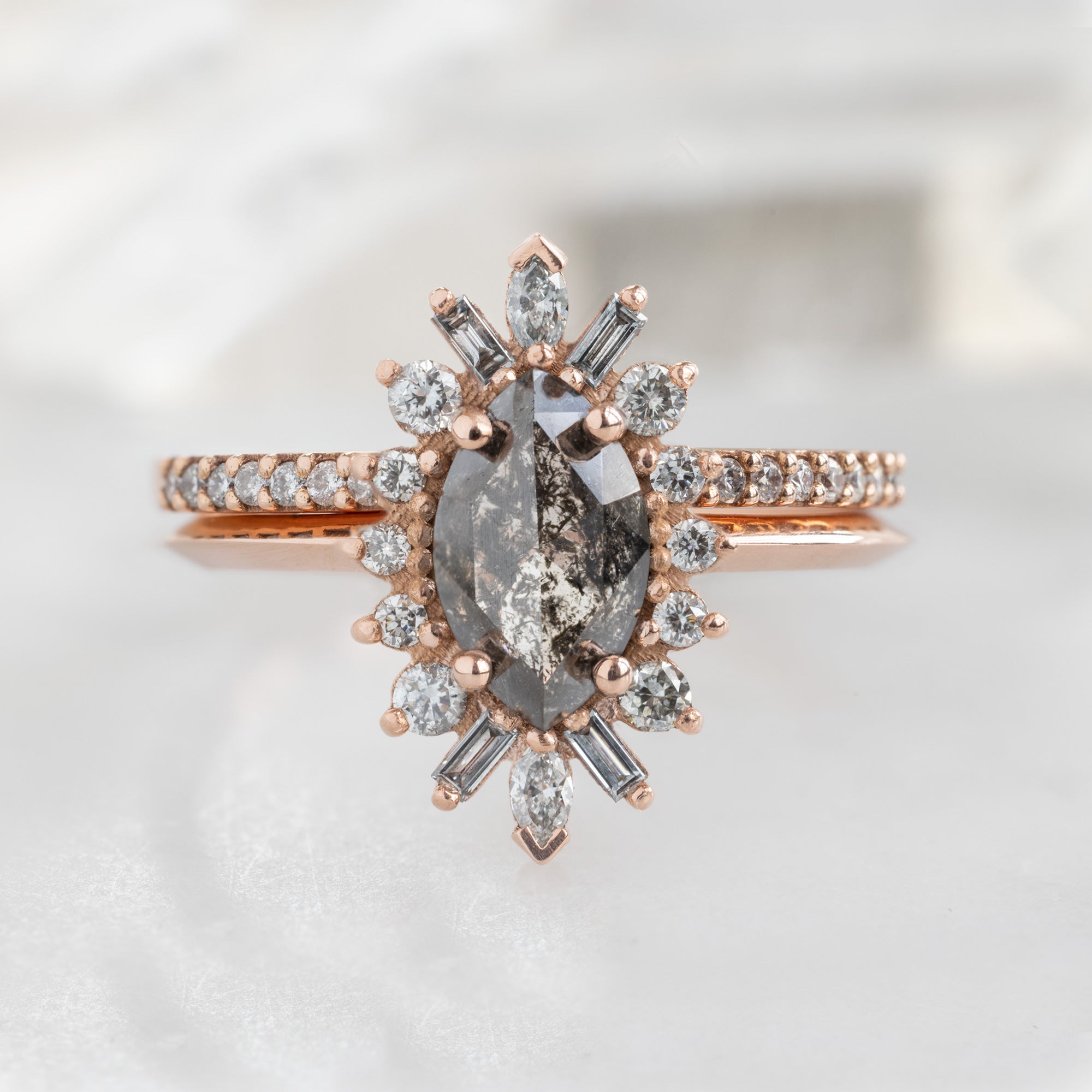 Alexis Russell Engagement Rings The Camellia Ring | 0.85ct Marquise Salt and Pepper Diamond in 14K Rose Gold
