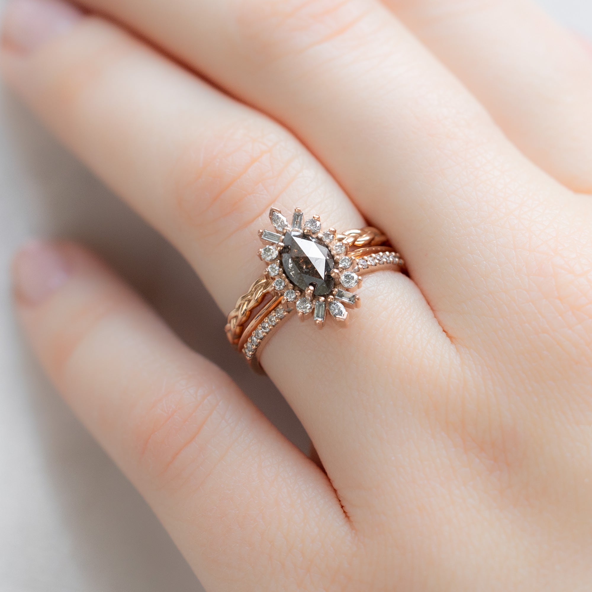 Alexis Russell Engagement Rings The Camellia Ring | 0.85ct Marquise Salt and Pepper Diamond in 14K Rose Gold