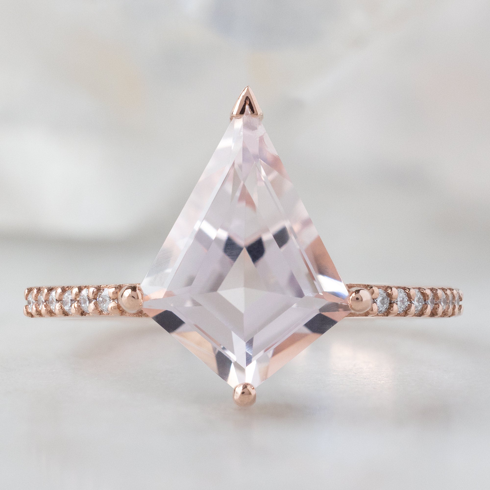 The Willow Ring with a 2.31ct Kite Morganite in 14K Rose Gold on White Marble