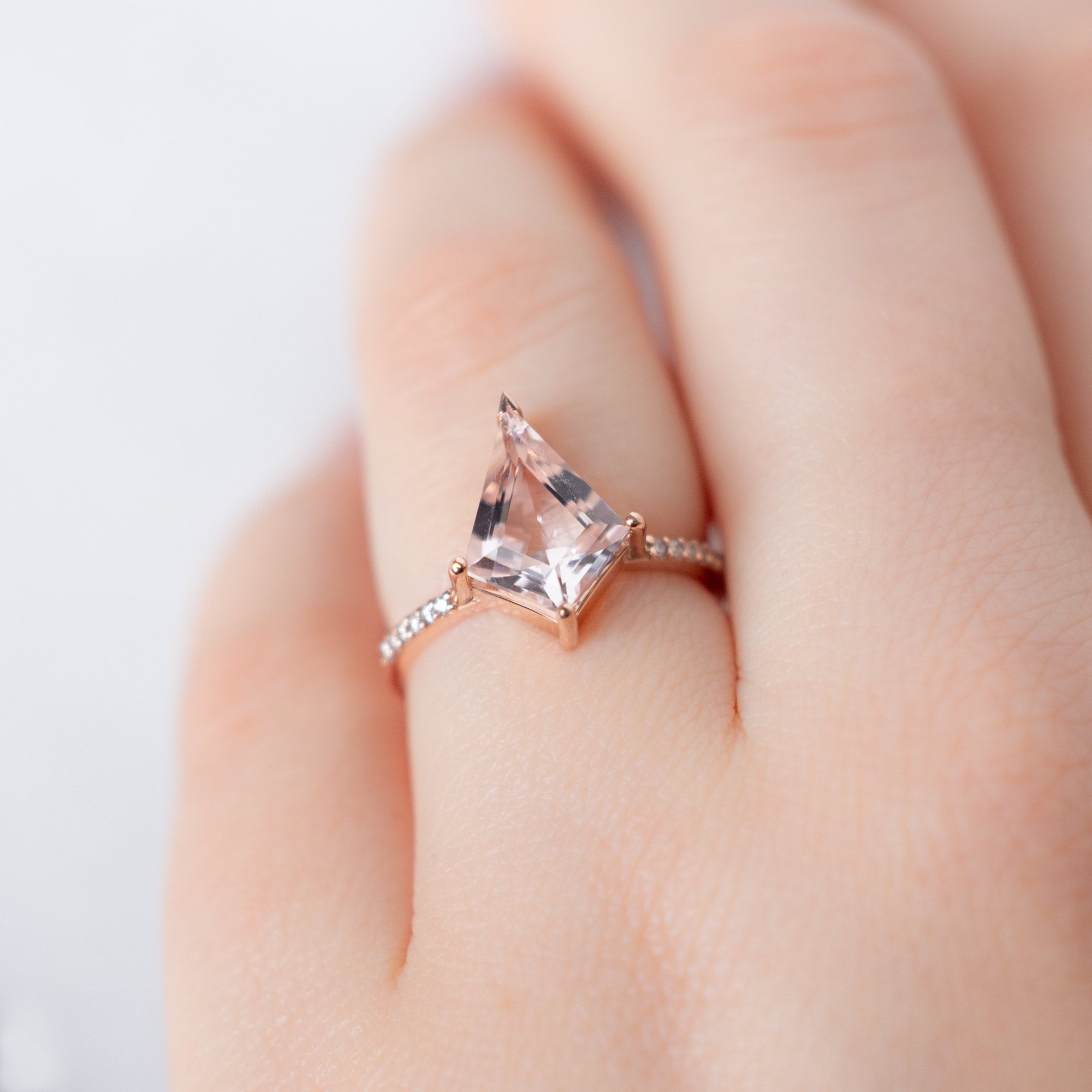The Willow Ring with a 2.31ct Kite Morganite in 14K Rose Gold on Model