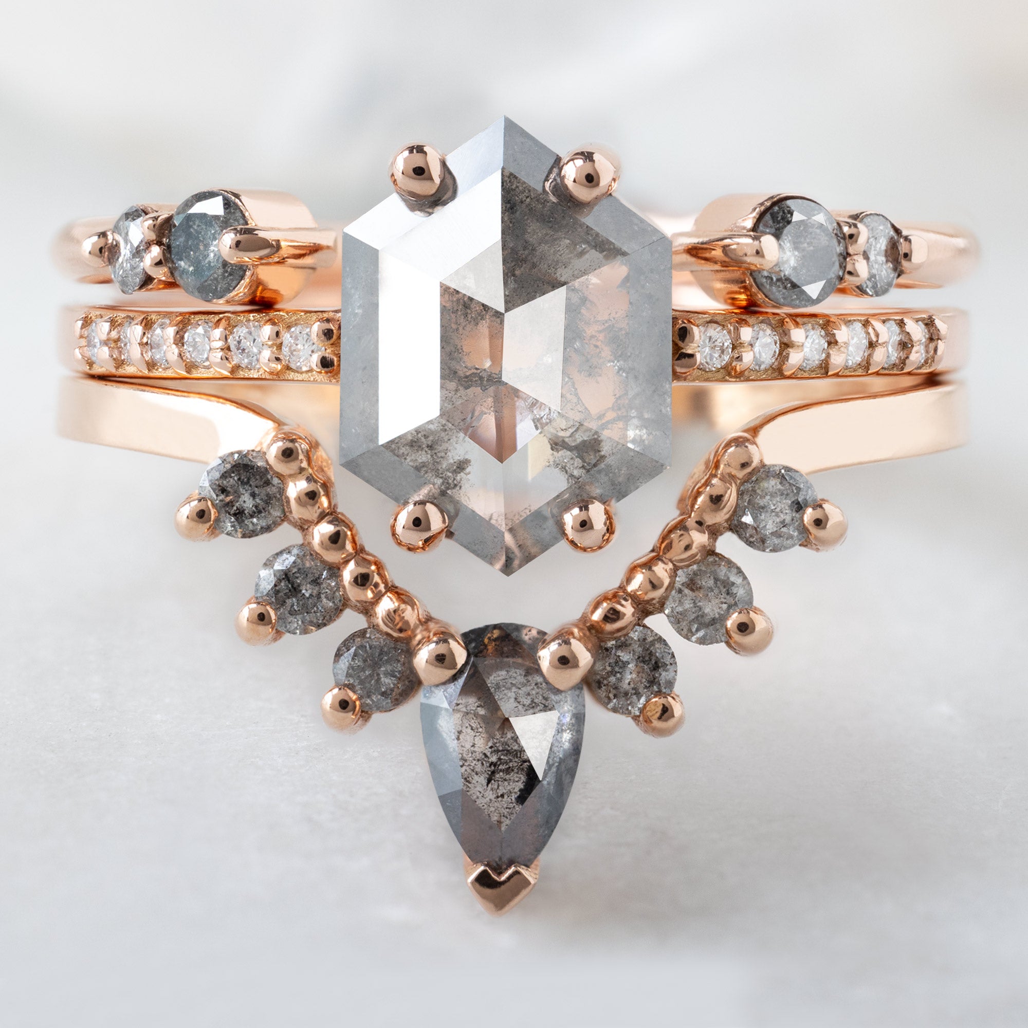 buy:the-luxe-open-cuff-salt-and-pepper-round-diamond-stacking-band-yellow-rose-or-white-gold,the-willow-ring-1-08ct-hexagon-salt-and-pepper-diamond-in-14k-rose-gold,salt-and-pepper-pear-diamond-sunburst-stacking-band-14k-gold