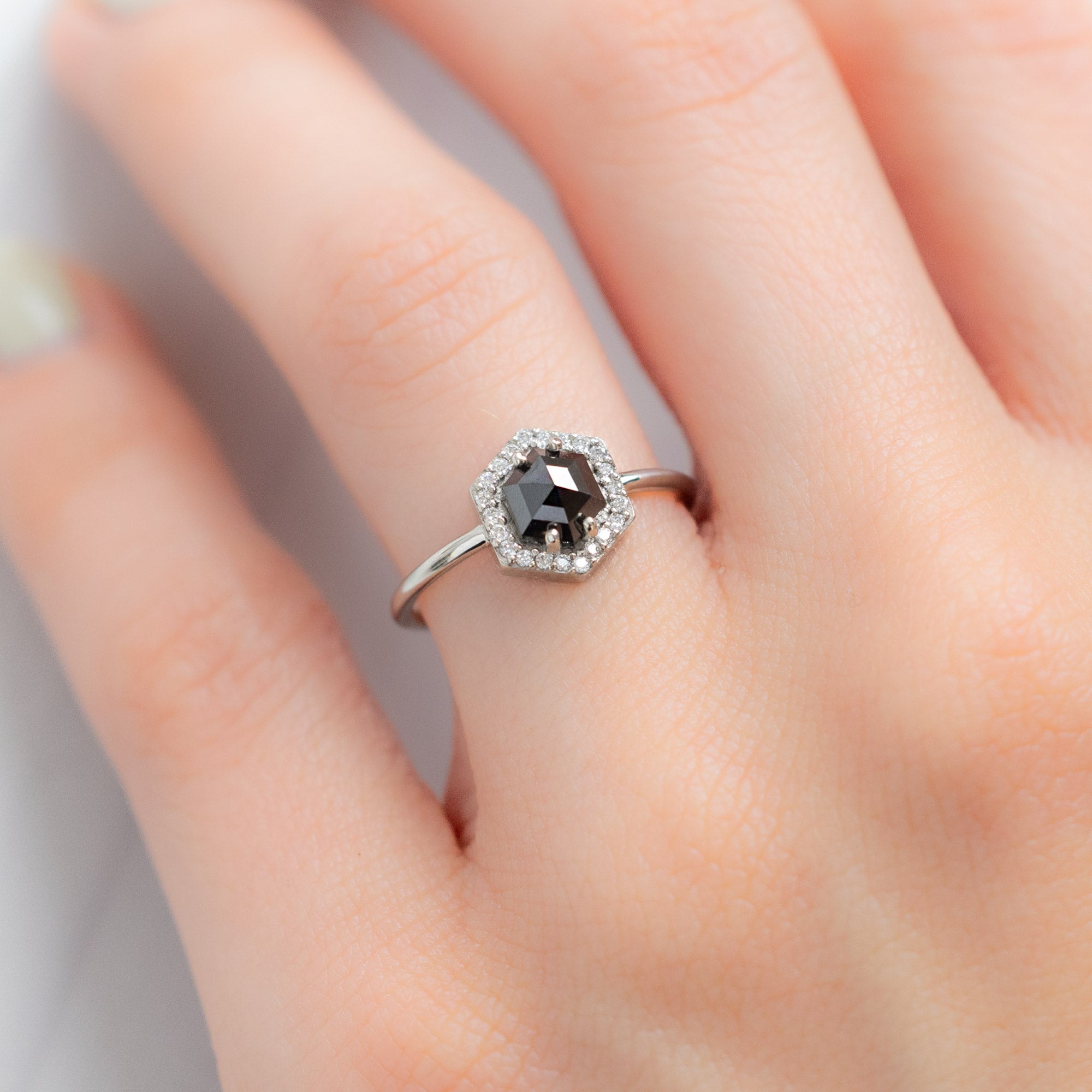 Alexis Russell Engagement Rings The Dahlia Ring | 1.38ct Hexagon Black Diamond in 14K White Gold