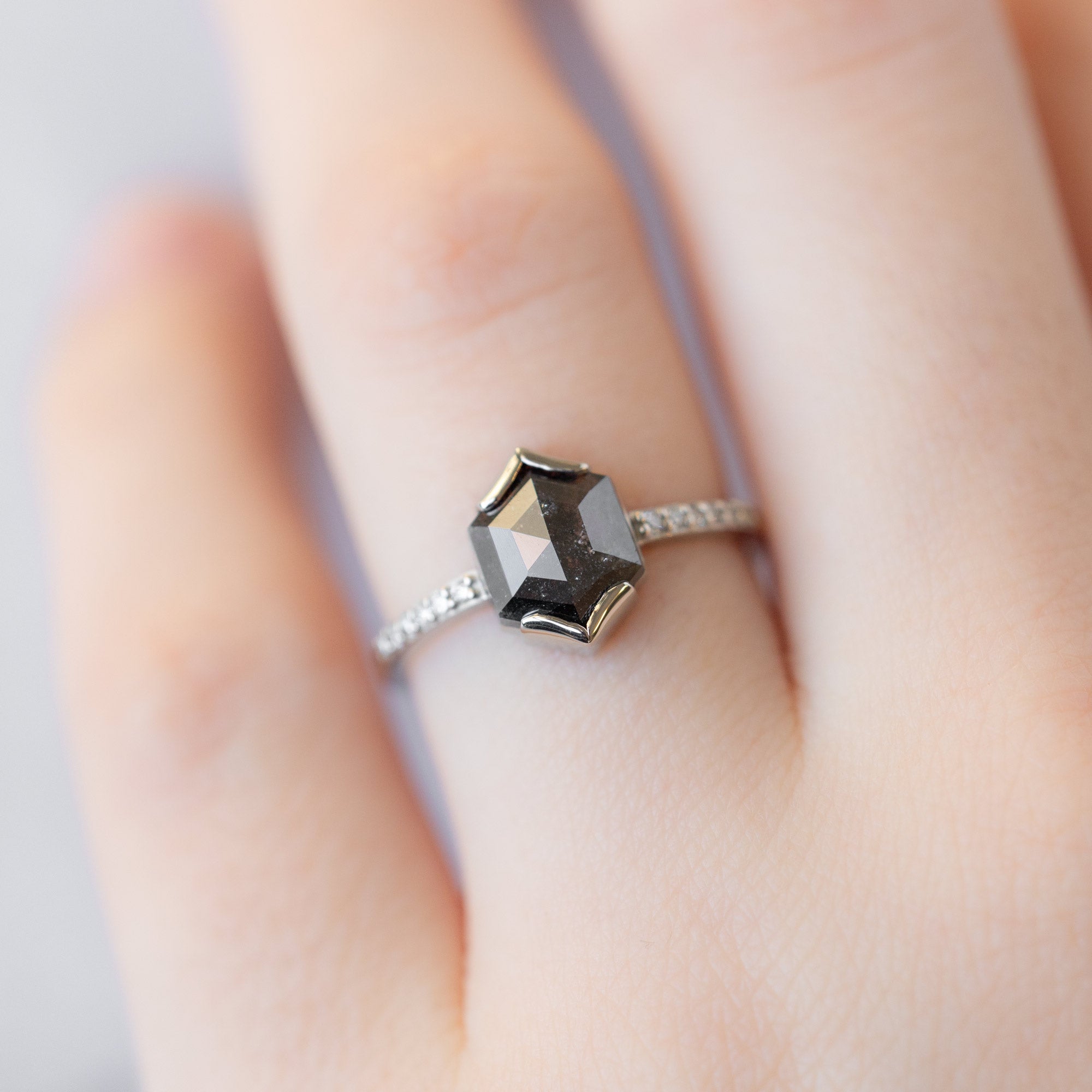 The Willow Ring with a 1.30ct Hexagon Salt and Pepper Diamond in 14K White Gold on Model