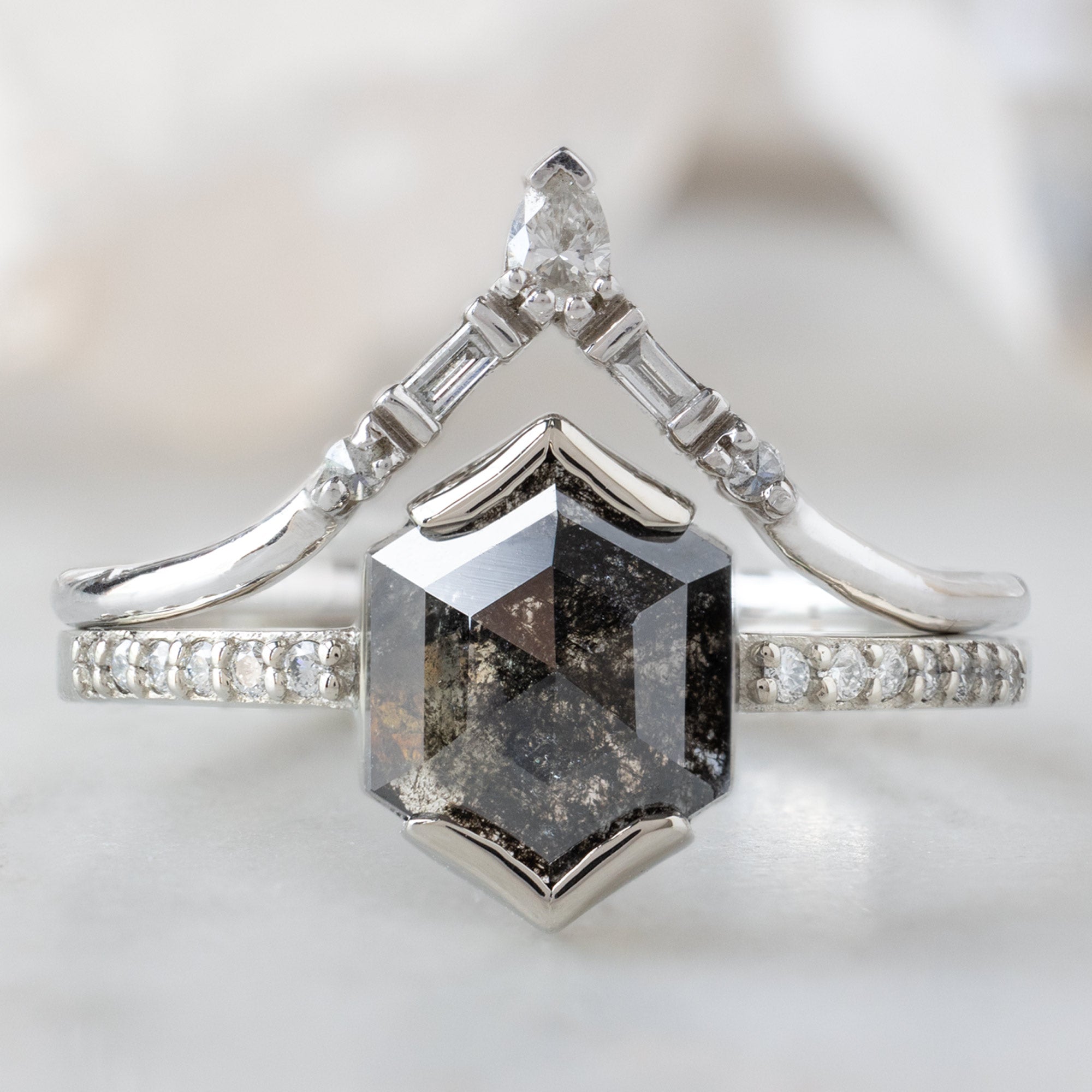 buy:white-diamond-tiara-stacking-band-14k-or-18k-white-gold,the-willow-ring-1-30ct-hexagon-salt-and-pepper-diamond-in-14k-white-gold