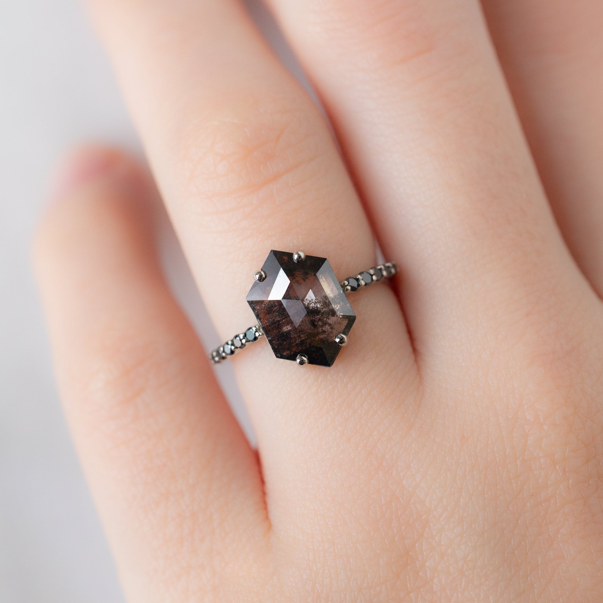 Alexis Russell  Engagement Rings The Luxe Willow Ring | 1.53ct Hexagon Lab Grown Salt and Pepper Diamond in 14K White Gold