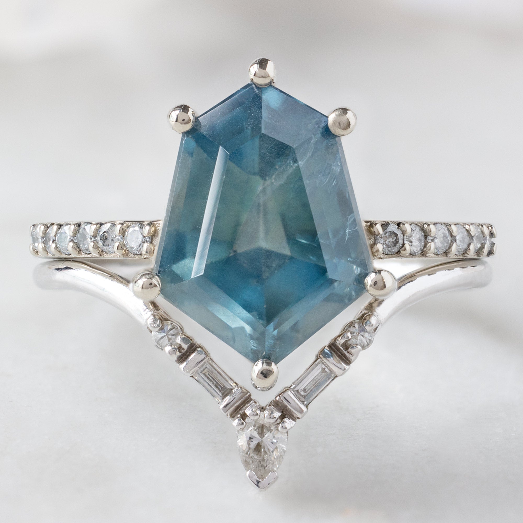 The Willow Luxe with a 3.98ct Geometric Sapphire in 18K White Gold Stacked with the White Diamond Tiara Stacking Band