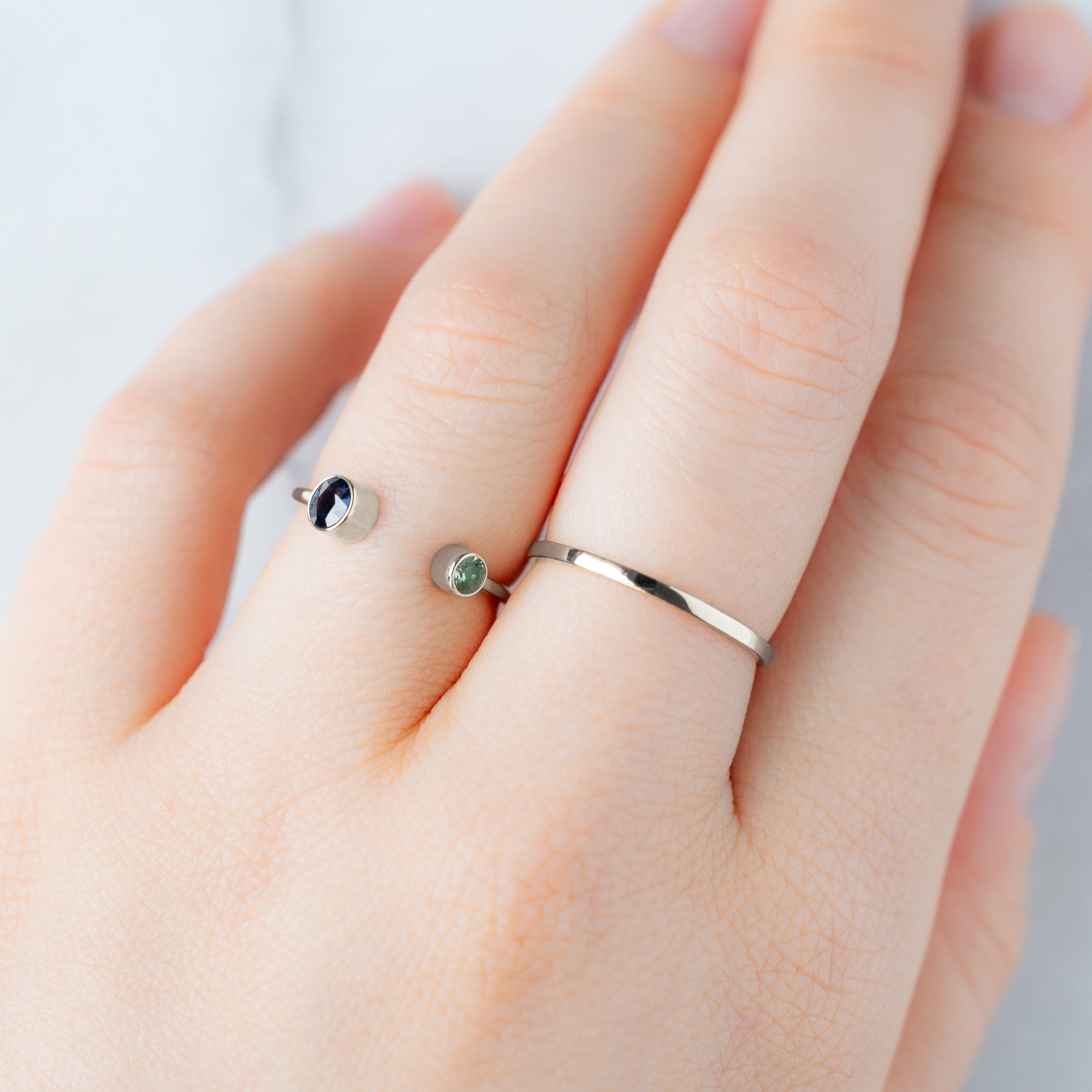 buy:the-open-cuff-blue-green-sapphire-ring-sterling-silver,the-gold-stacking-wedding-ring-smooth-texture-in-14k-yellow-gold