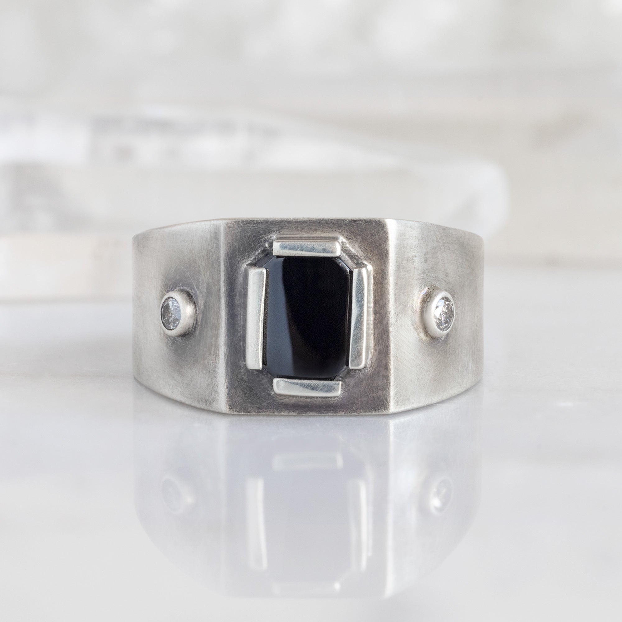 The Onyx & Diamond Signet Ring | Oxidized Sterling Silver