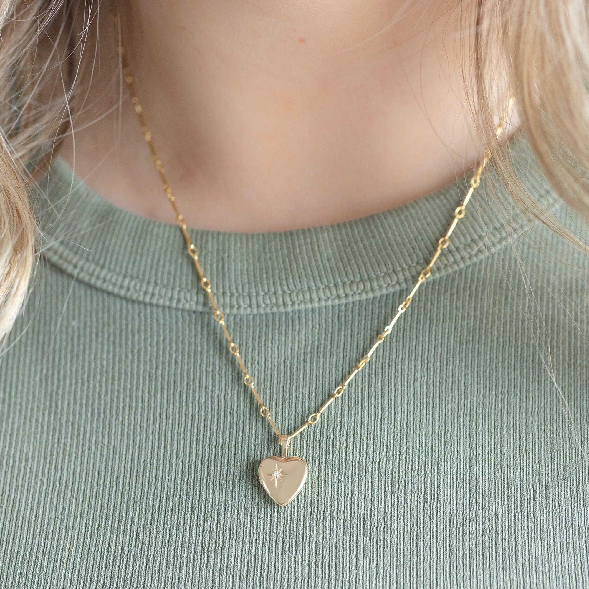 The Sweetheart Diamond Locket Necklace in Yellow Gold on Model