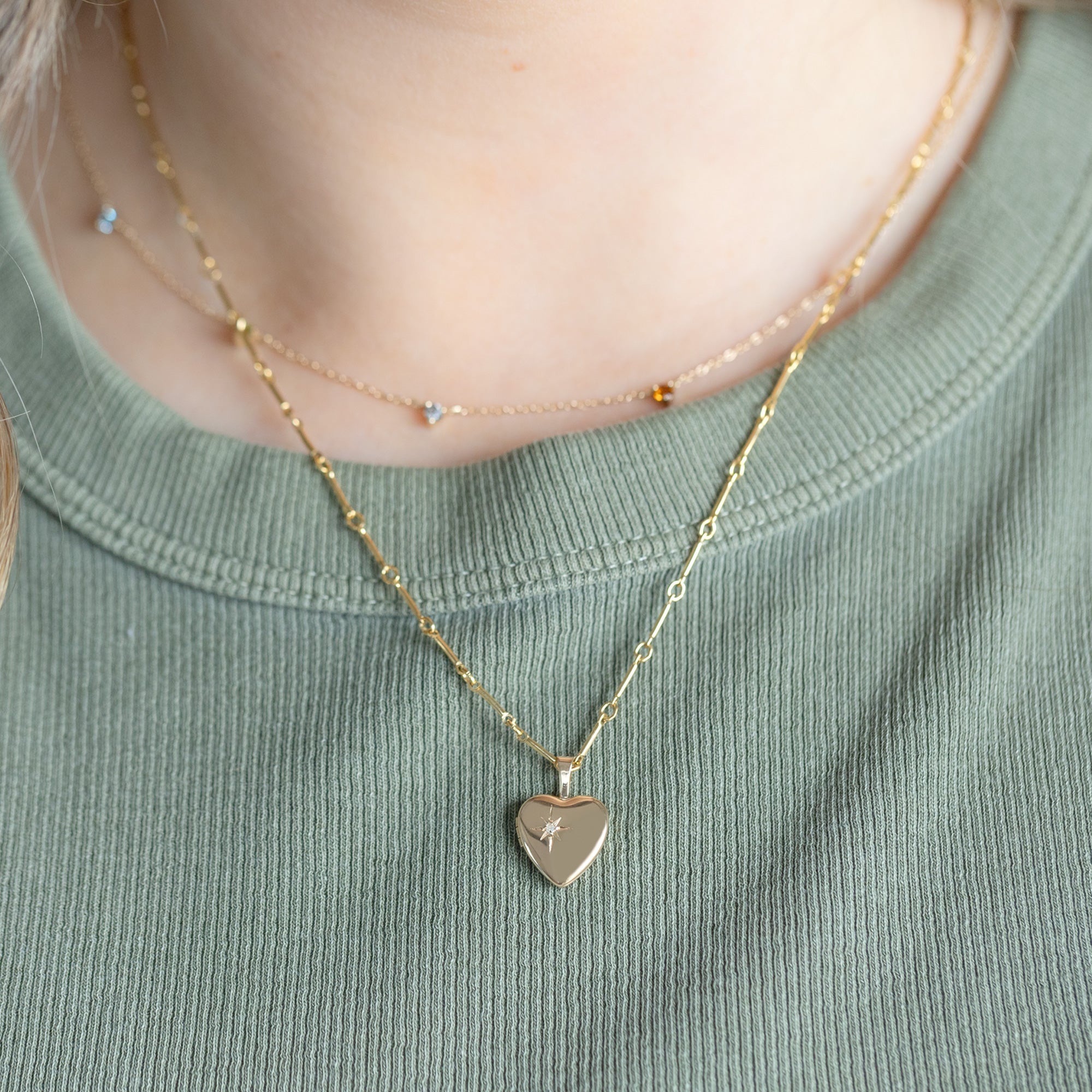 The Sweetheart Diamond Locket Necklace in Yellow Gold Layered on Model