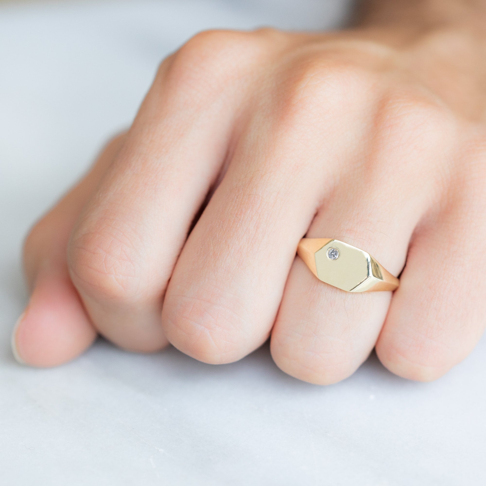 The Hexagon White Diamond Signet Ring | Yellow, Rose or White Gold
