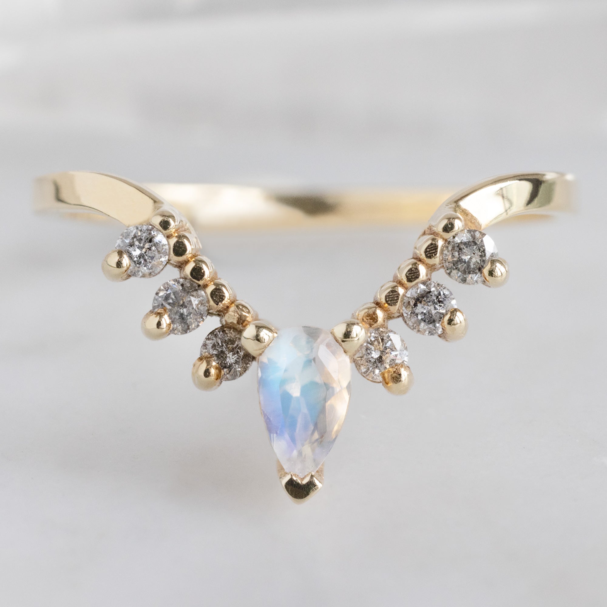 Moonstone and Salt and Pepper Diamond Sunburst Stacking Band in 14K Yellow Gold on White Marble
