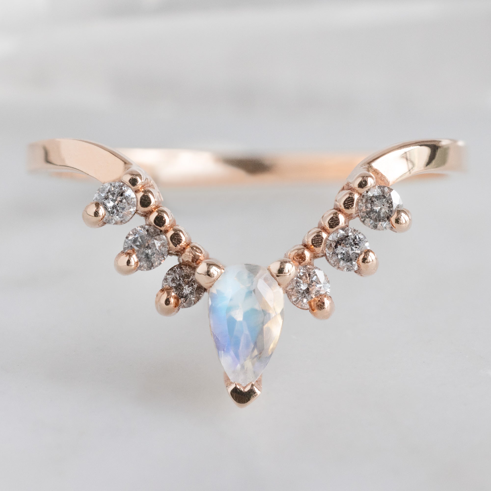 Moonstone and Salt and Pepper Diamond Sunburst Stacking Band in 14K Rose Gold